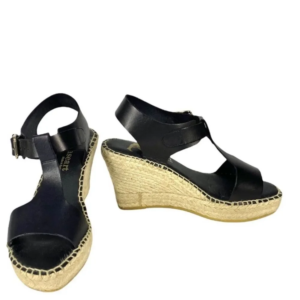 PASEART Black Leather Strappy Espadrille Wedges Made In Spain EU 38 US 7 Medium